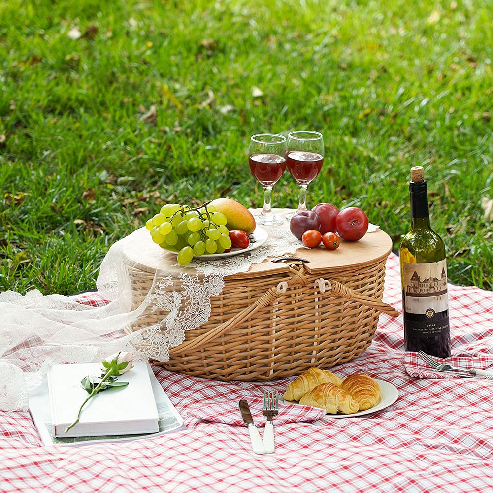 美品　Vintage picnic basket Wicker Picnic Basket with Cooler, Wooden Split Lid Picnic Basket